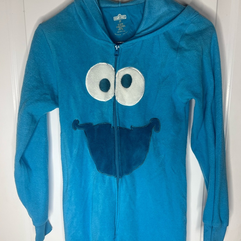 Sesame Street PJs Cookie Monster Fleece Jumpsuit Adult Size M One Piece Hoodie